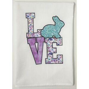 Love Bunny Whimsical Teal and Purple Spring Flour Sack Kitchen Dish Towel